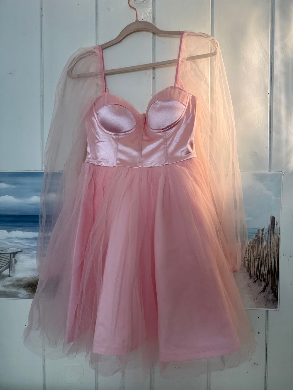 Blush Pink Tulle Prom Dress with Satin Bodice